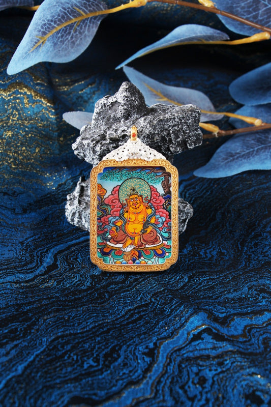 Traditional Tibetan Yellow Jambhala thangka pendant from Rebgong region, high-detail Buddhist wealth deity painting in portable mini format