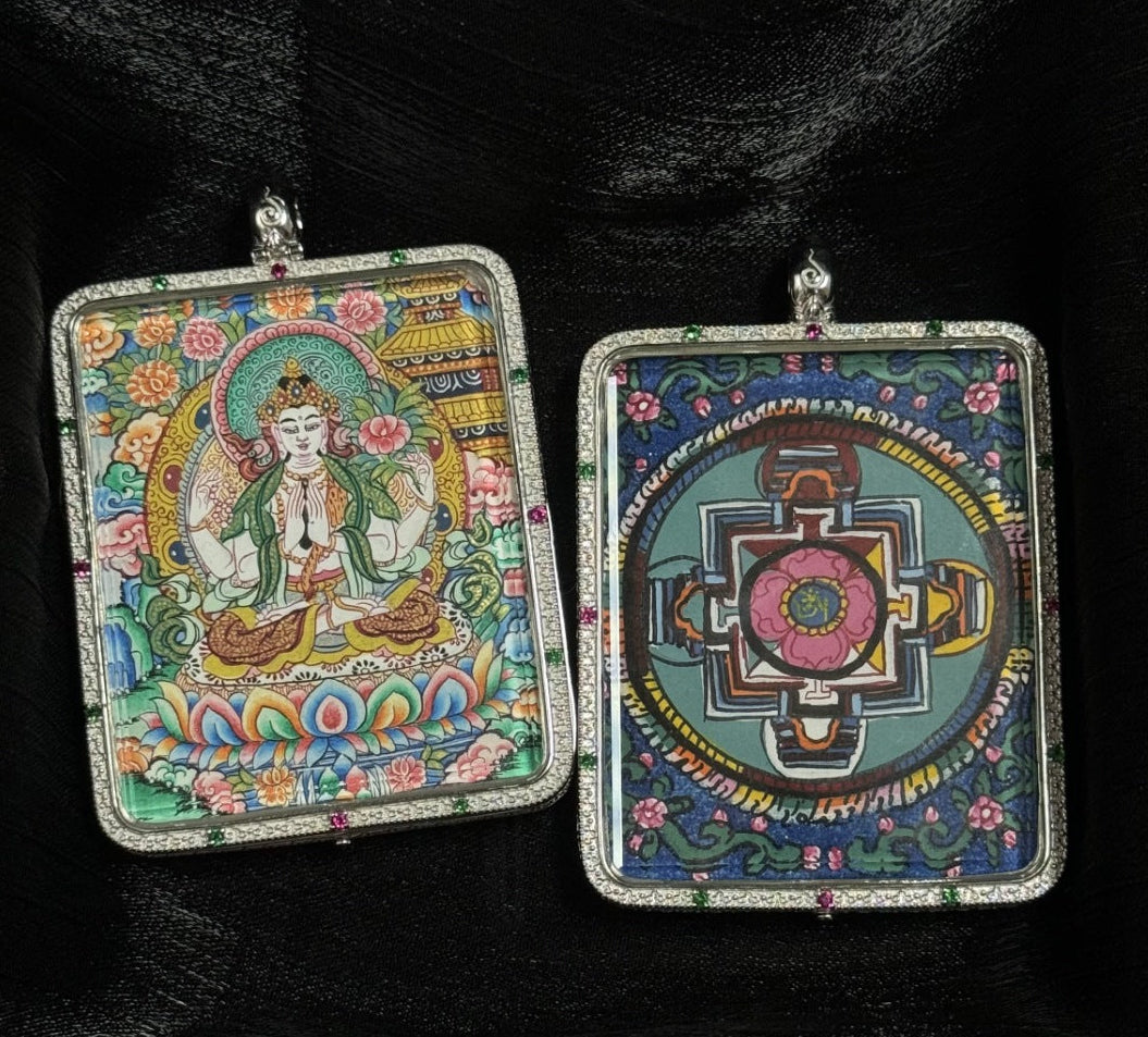Back view of a sacred mandala mini thangka pendant, hand-painted in traditional Tibetan style with natural mineral pigments, double-sided design paired with Four-Armed Avalokiteshvara, set in 925 sterling silver