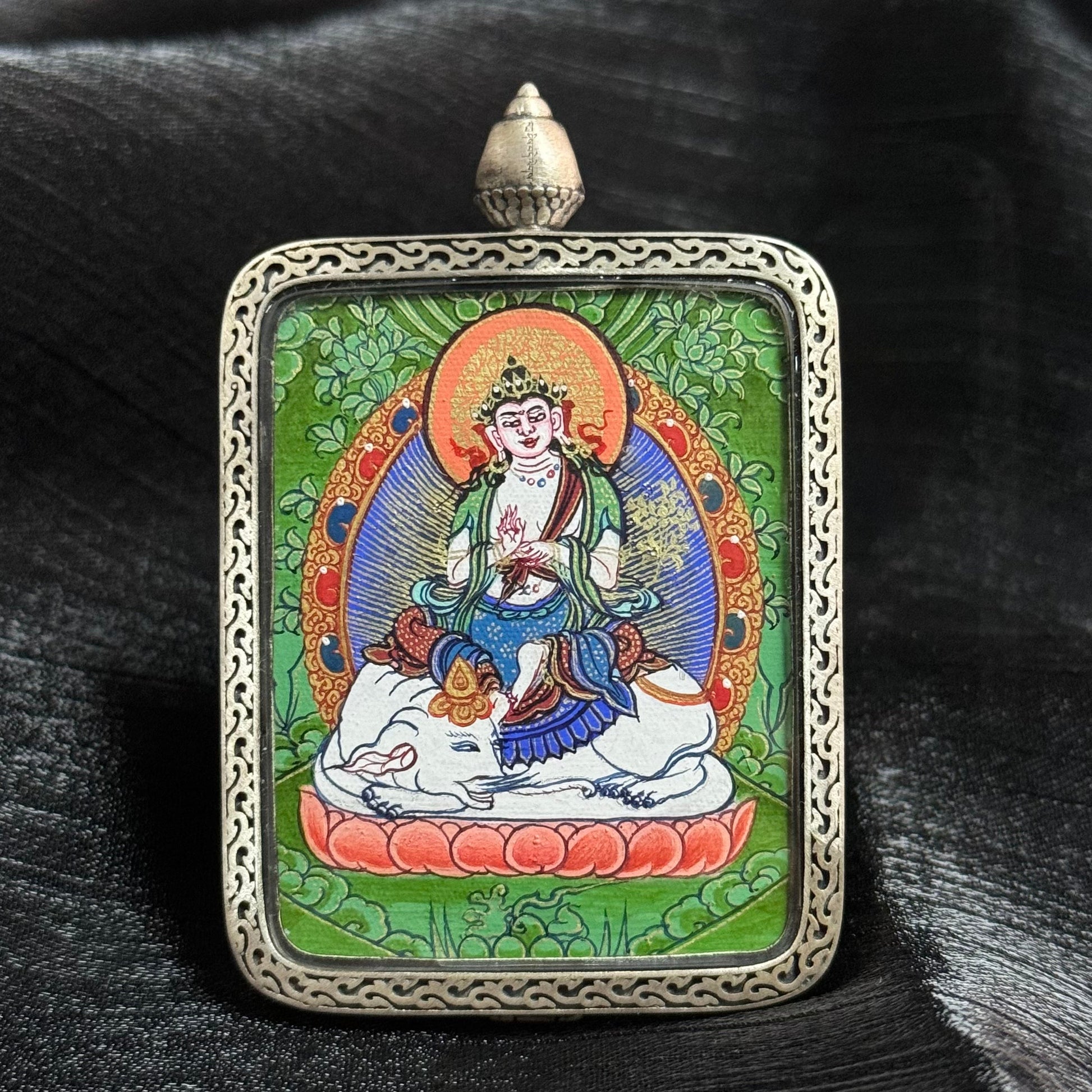 Rebgong Cui Thangka featuring Samantabhadra Bodhisattva, hand-painted by a traditional lama artist using natural mineral pigments, painting size 3.5 × 4.5 cm