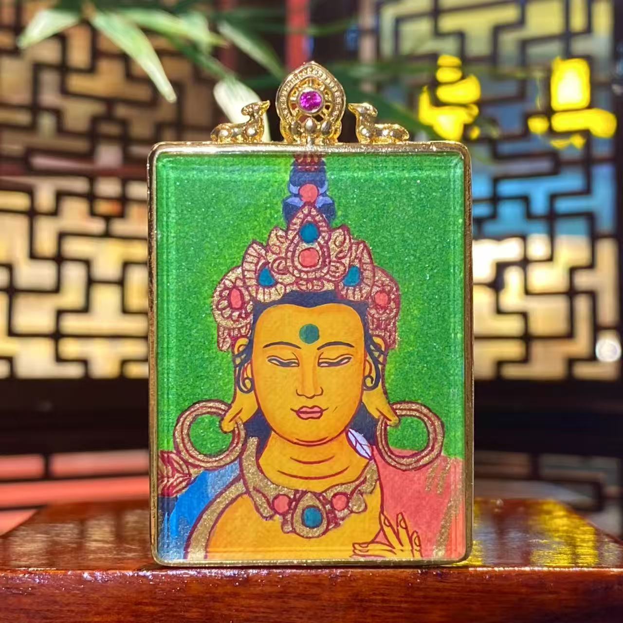 Hand-painted Samantabhadra Bodhisattva portrait in gold-plated Tibetan Gawu amulet, guardian for Dragon Snake and Capricorn