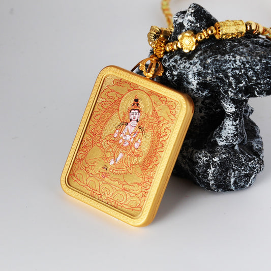 Angled view of the Samantabhadra Bodhisattva mini thangka pendant highlighting the thickness of the copper case, gold-ground painting surface, and layered mineral pigment texture.