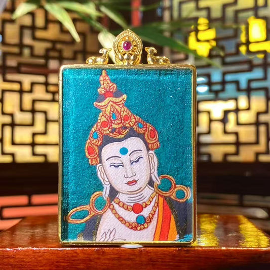Front view of hand-painted Samantabhadra Bodhisattva mini thangka pendant in a gold-plated Tibetan Gawu box, portable daily-wear Buddhist art