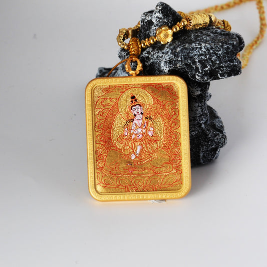 Front view of a Samantabhadra Bodhisattva mini thangka pendant, hand-painted in Rebgong gold thangka style with mineral pigments, featuring fine red line work, gold-ground background, and a copper outer case