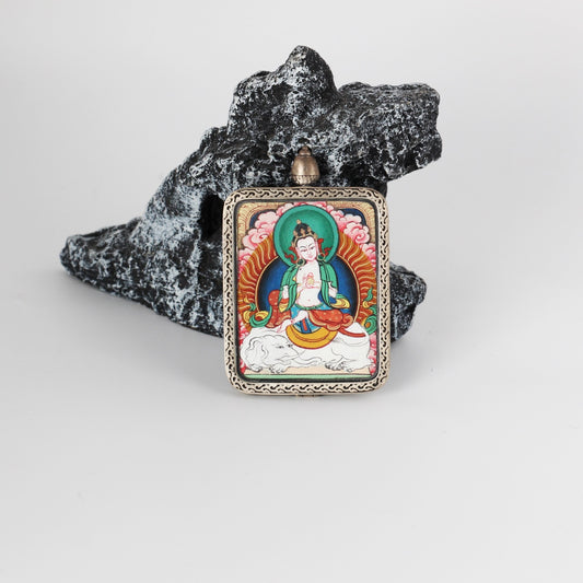 Front view of Samantabhadra Bodhisattva mini Thangka pendant, fully hand-painted with mineral pigments and set in a pure silver gawu-style pendant case with traditional Tibetan decorative patterns.