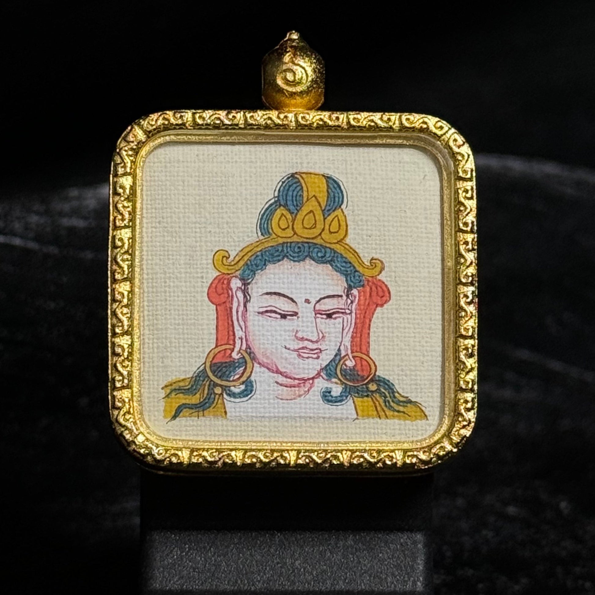 Hand-painted Tibetan mini Thangka featuring Samantabhadra Bodhisattva, symbol of right action and moral virtue, painting size 2×2 cm