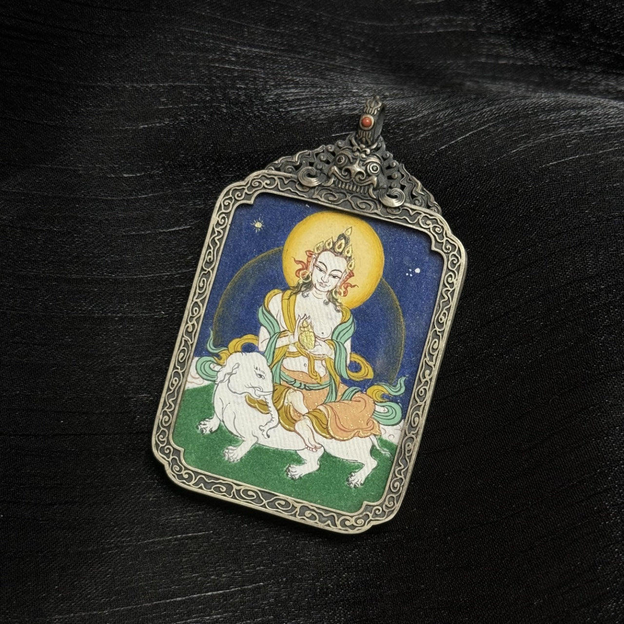 Samantabhadra Bodhisattva Tibetan thangka pendant with vintage silver frame, fine mineral pigment painting, collectible spiritual jewelry.