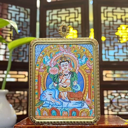 Front view of hand-painted Samantabhadra Bodhisattva thangka pendant in a large titanium steel Tibetan Gawu box