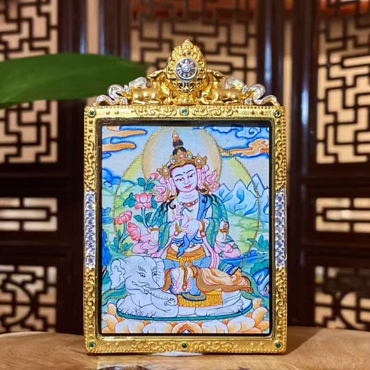 Front view of hand-painted Samantabhadra Bodhisattva thangka pendant in a gold-plated Tibetan Gawu box