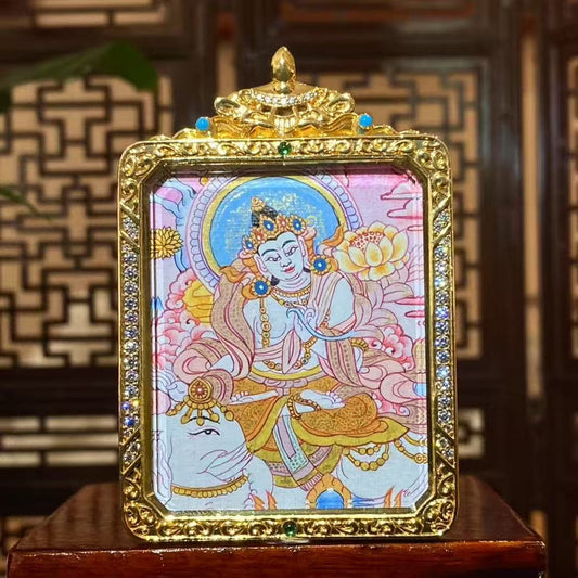 Front view of hand-painted Samantabhadra Bodhisattva thangka pendant in a gold-plated Tibetan Gawu box, featuring a gentle and inward-focused depiction