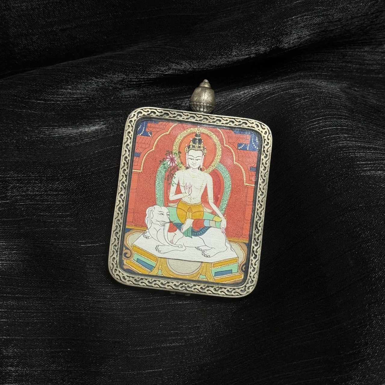 Front view of Samantabhadra Bodhisattva thangka pendant with elephant base, hand-painted Tibetan miniature thangka with mineral pigments