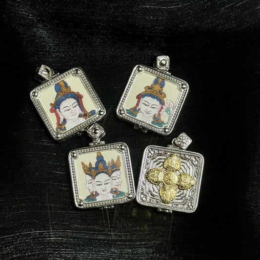 Four square mini thangka pendants on black background, showing single-sided hand-painted portraits of Samantabhadra, Mahasthamaprapta, and three-faced Vairocana in silver-tone frames with beaded edging and raised round corner beads, plus one pendant back with a raised gold-tone vajra motif
