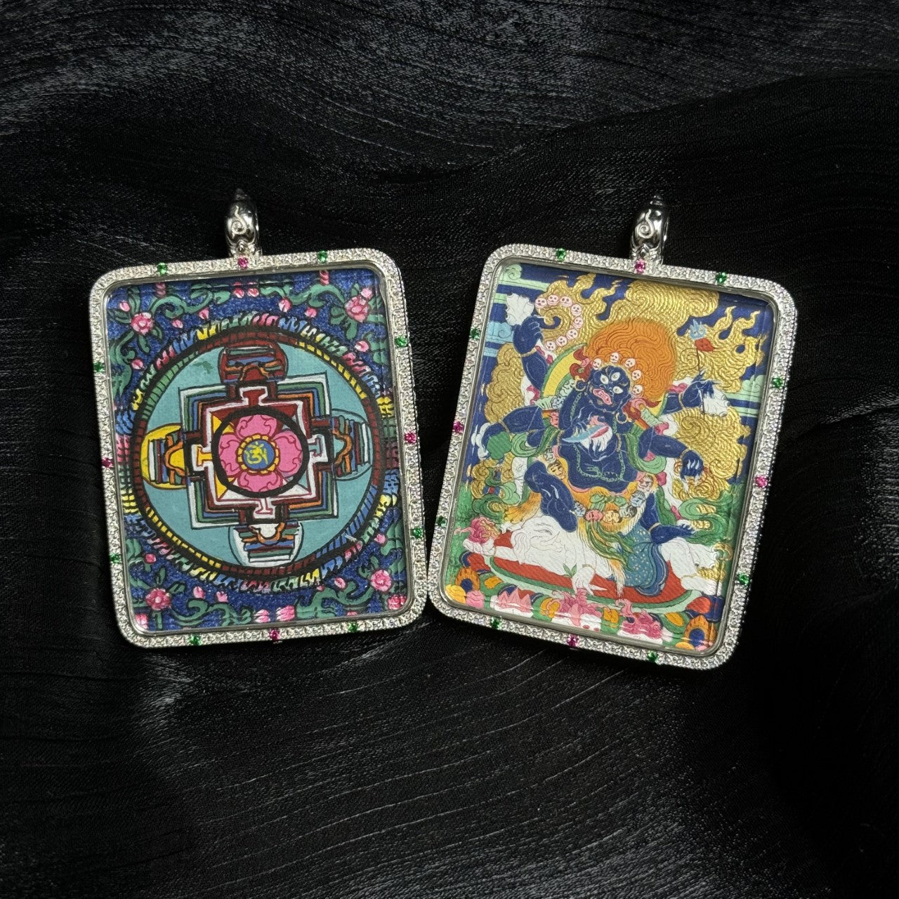 Front and back view of Six-Armed Mahakala mini thangka pendant showing hand-painted Mahakala deity on one side and traditional mandala artwork on the reverse
