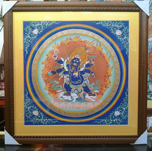 Framed Six-Armed Mahakala Tibetan thangka wall hanging with mineral pigment painting, circular mandala composition, and solid wooden frame.