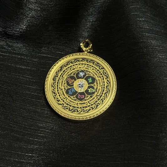Front view of Six-Syllable Mantra mini thangka pendant, hand-painted lotus design with gold powder mantra, mineral pigments, black-gold background, titanium steel case