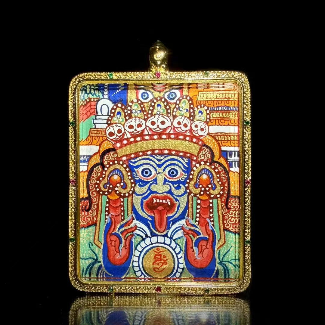 Thangkamarket Hand-Painted Double-Sided Thangka featuring Zakhiram and Mandala symbols for protection