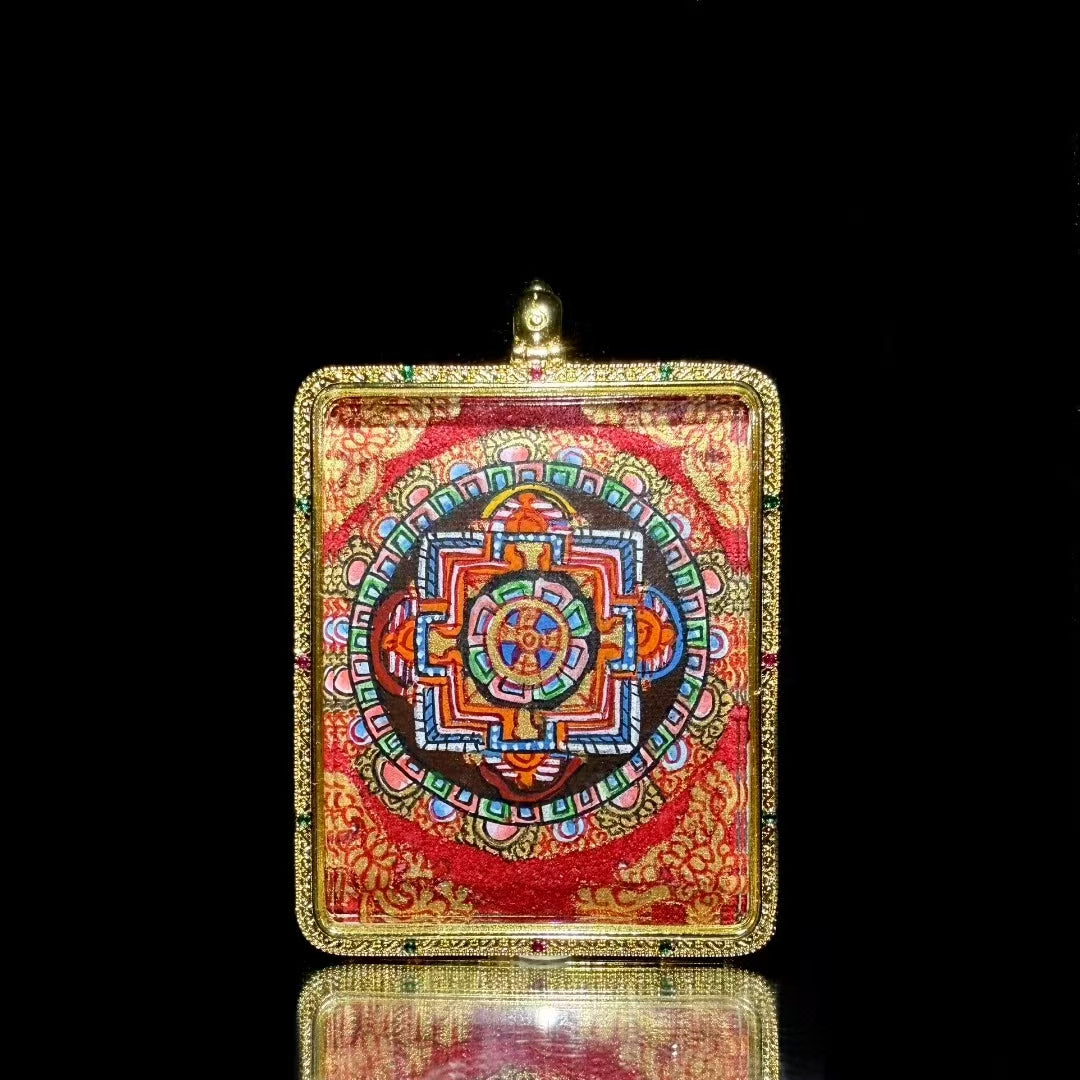 Thangkamarket Tibetan Thangka Pendant – Zakhiram and Mandala for courage, confidence, and wealth