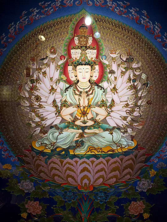 Hand-painted Thousand-Armed, Thousand-Eyed Avalokiteshvara (Eleven-Faced Chenrezig) Rebgong thangka, created with natural gemstone mineral pigments and framed in solid pear wood, painting size 122 × 99 cm