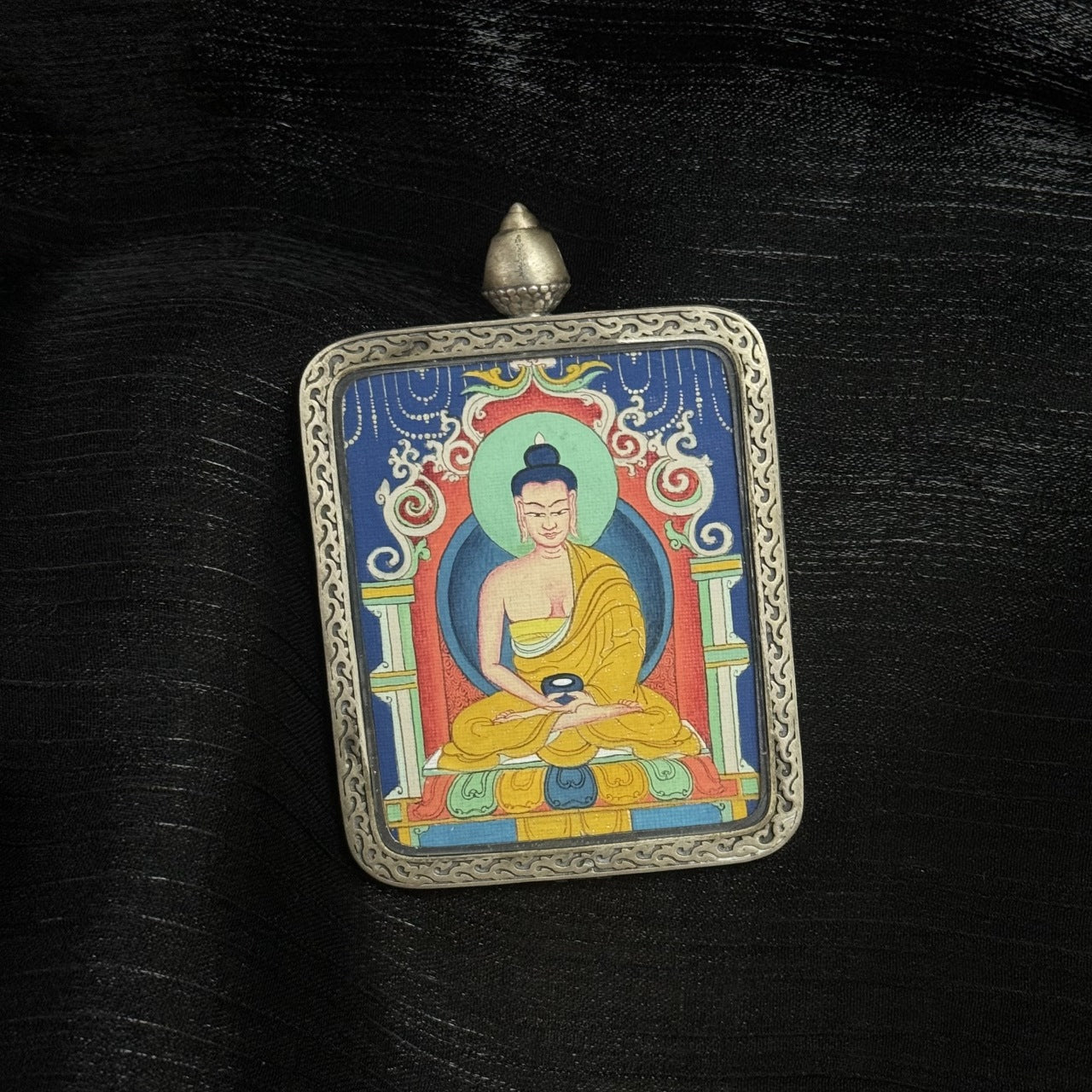 Square Amitabha Buddha mini Thangka pendant in ornate silver frame crafted in Tibet