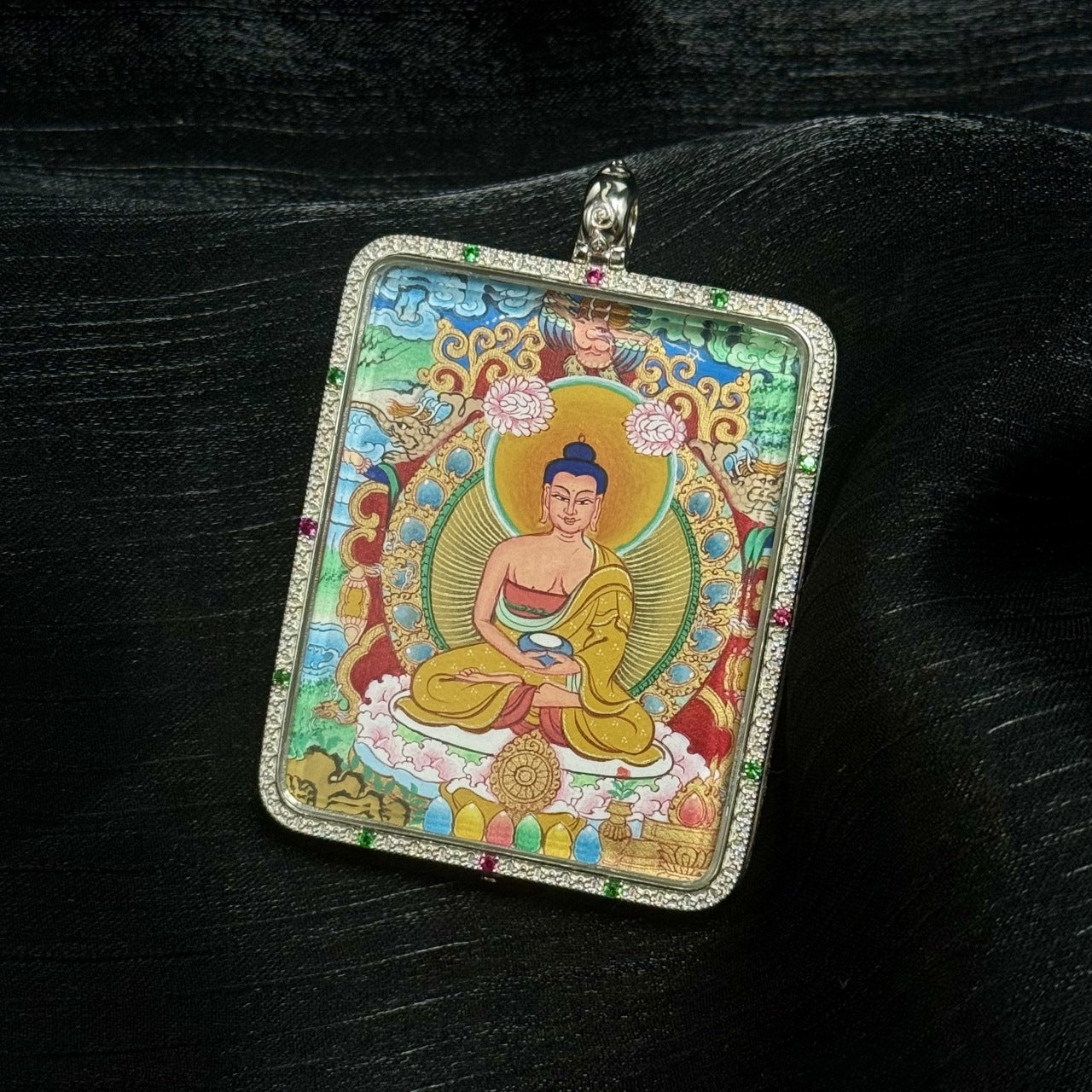 Close-up of Tibetan Amitabha Buddha hand-painted mini thangka showing refined linework, radiant mandorla background, vibrant mineral colors, and traditional Miansa style proportions.