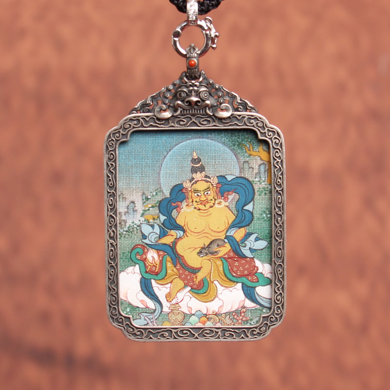 Miniature Tibetan Thangka in Karma Gadri Style, pendant size with 8 Guardian Deities, spiritual art for protection.