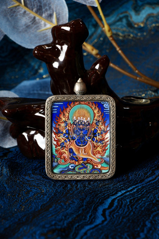Front view of Ucchusma Vajra (Ucchusma) mini thangka gawu pendant, fully hand-painted with mineral pigments in the Rebgong tradition.