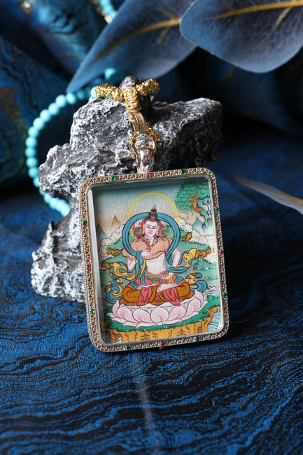 Vajrasattva Mini Thangka Pendant Hand-Painted • Mineral Pigments • Tibetan Origin • 4 × 5 cm