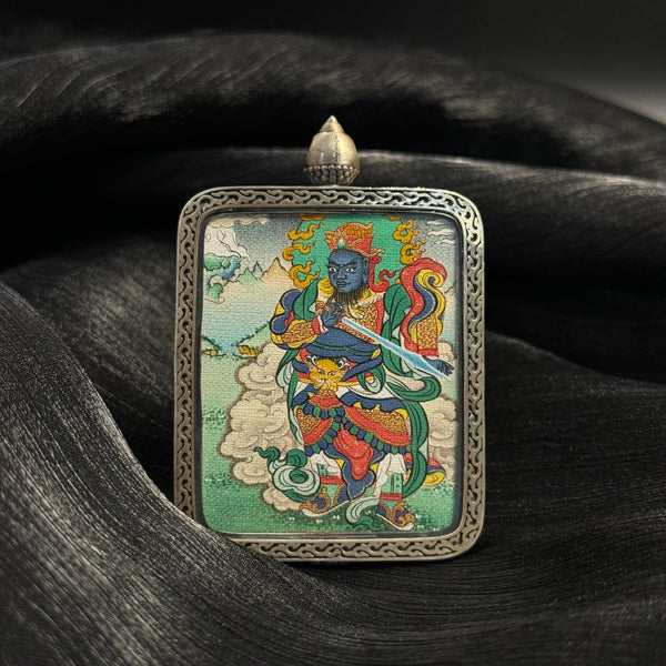 Virūḍhaka (Southern Guardian King) Mini Thangka Pendant Hand-Painted • Mineral Pigments • Tibetan Origin • 4 × 5 cm