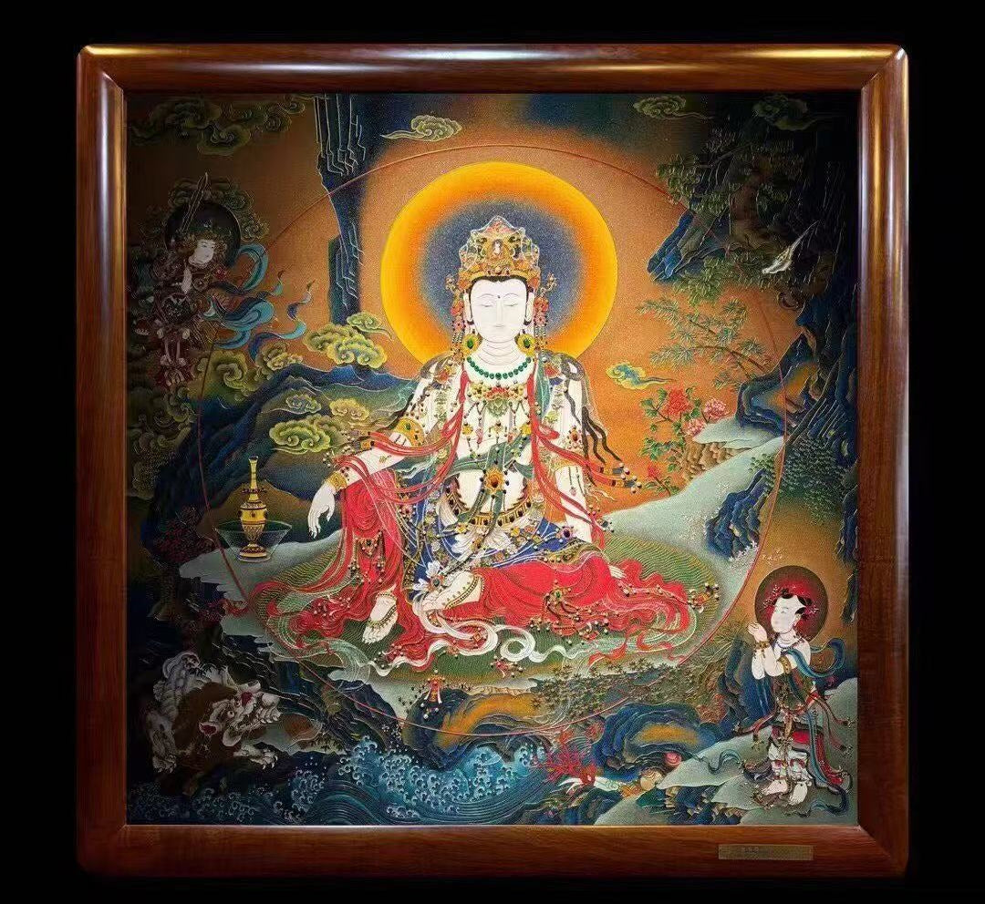 Hand-painted Water Moon Avalokiteshvara (Shuiyue Guanyin) Rebgong thangka created with pure natural gemstone mineral pigments, framed in solid pear wood, painting size 134 × 134 cm