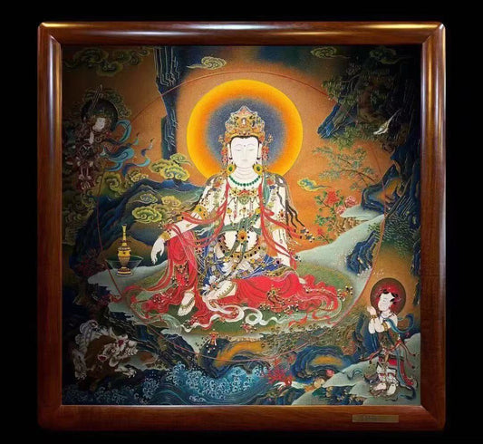 Hand-painted Water Moon Avalokiteshvara (Shuiyue Guanyin) Rebgong thangka created with pure natural gemstone mineral pigments, framed in solid pear wood, painting size 134 × 134 cm
