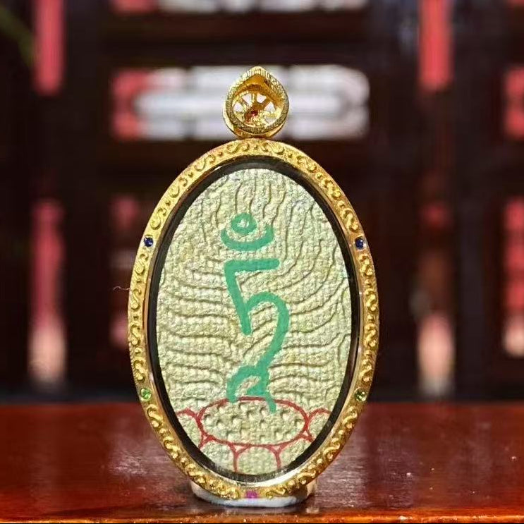 Back view of White Tara Thangka pendant featuring mantra seed syllables, double-sided hand-painted in 18K gold in Rebgong tradition