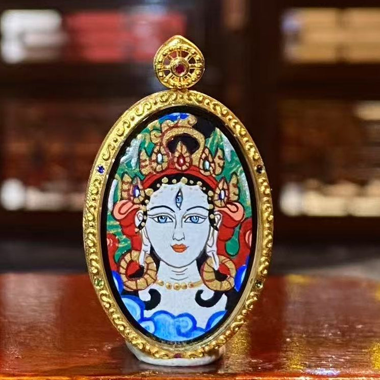 Front view of White Tara Thangka pendant, double-sided hand-painted in 18K gold, Rebgong craftsmanship symbolizing healing and longevity