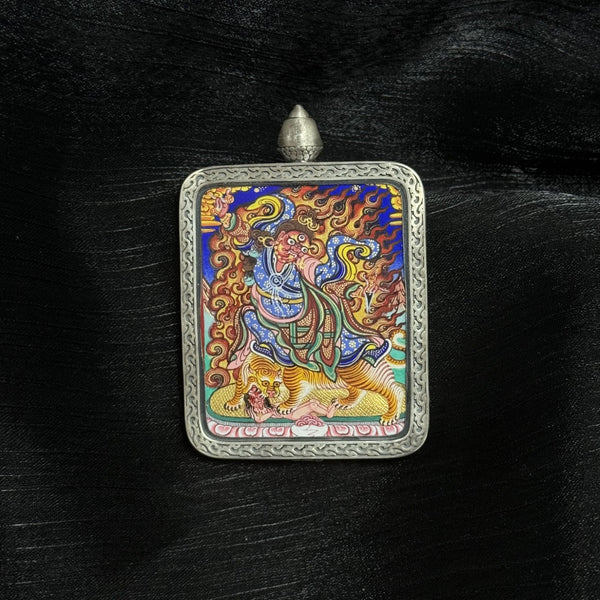 Wrathful Guru Rinpoche Mini Thangka Pendant Hand-Painted • Mineral Pigments • Rebgong Tibetan Origin • 4 × 5 cm