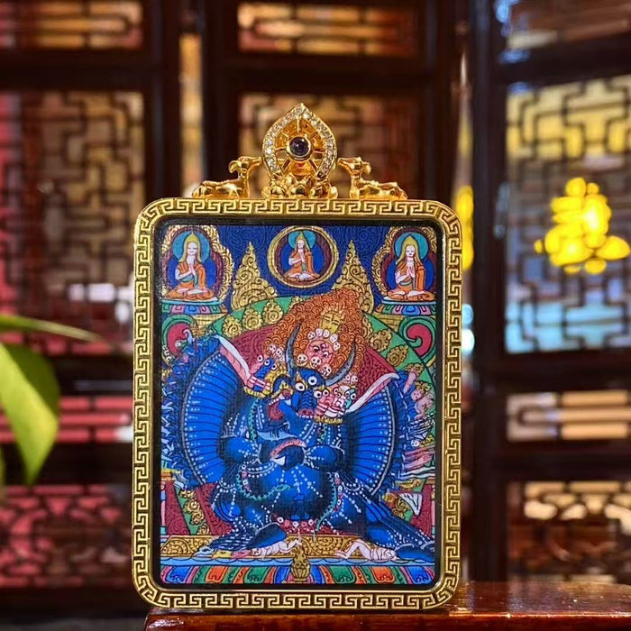 Yamantaka (Vajrabhairava) & Black Jambhala 18K Gold Double-Sided Hand-Painted Thangka Pendant  Rebgong Master Work · Gelug Lineage · Supreme Wisdom & Obstacle-Clearing Wealth · 53 × 42 mm