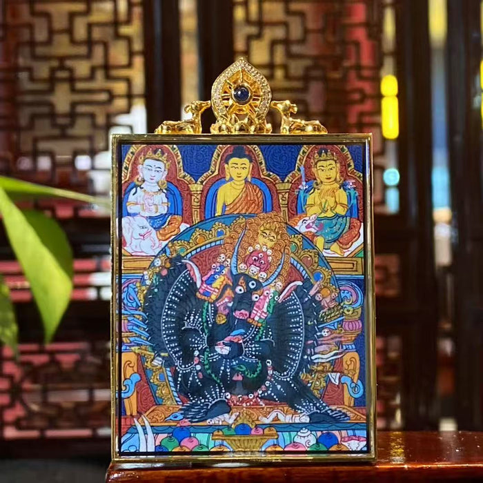 Yamantaka (Vajrabhairava) & Five Jambhalas 18K Gold Double-Sided Hand-Painted Thangka Pendant  Rebgong Master Work · Supreme Wisdom & Complete Wealth System · 52 × 41 mm