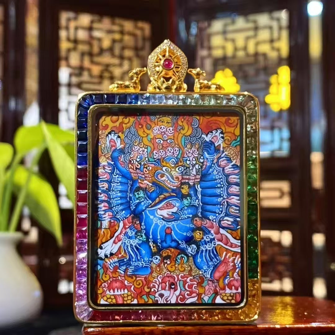 Front view of Yamantaka Vajrabhairava thangka pendant hand-painted in 18K gold, Rebgong master-level art with nine heads and wrathful wisdom imagery