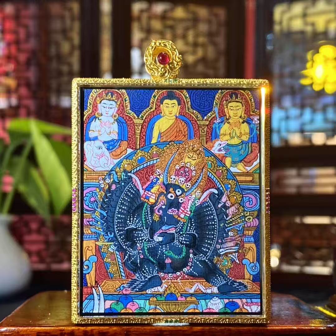 Back view of Yamantaka Vajrabhairava Tibetan thangka pendant, double-sided hand-painted with 18K gold in Rebgong tradition, depicting a powerful wrathful protector embodying wisdom and obstacle transformation