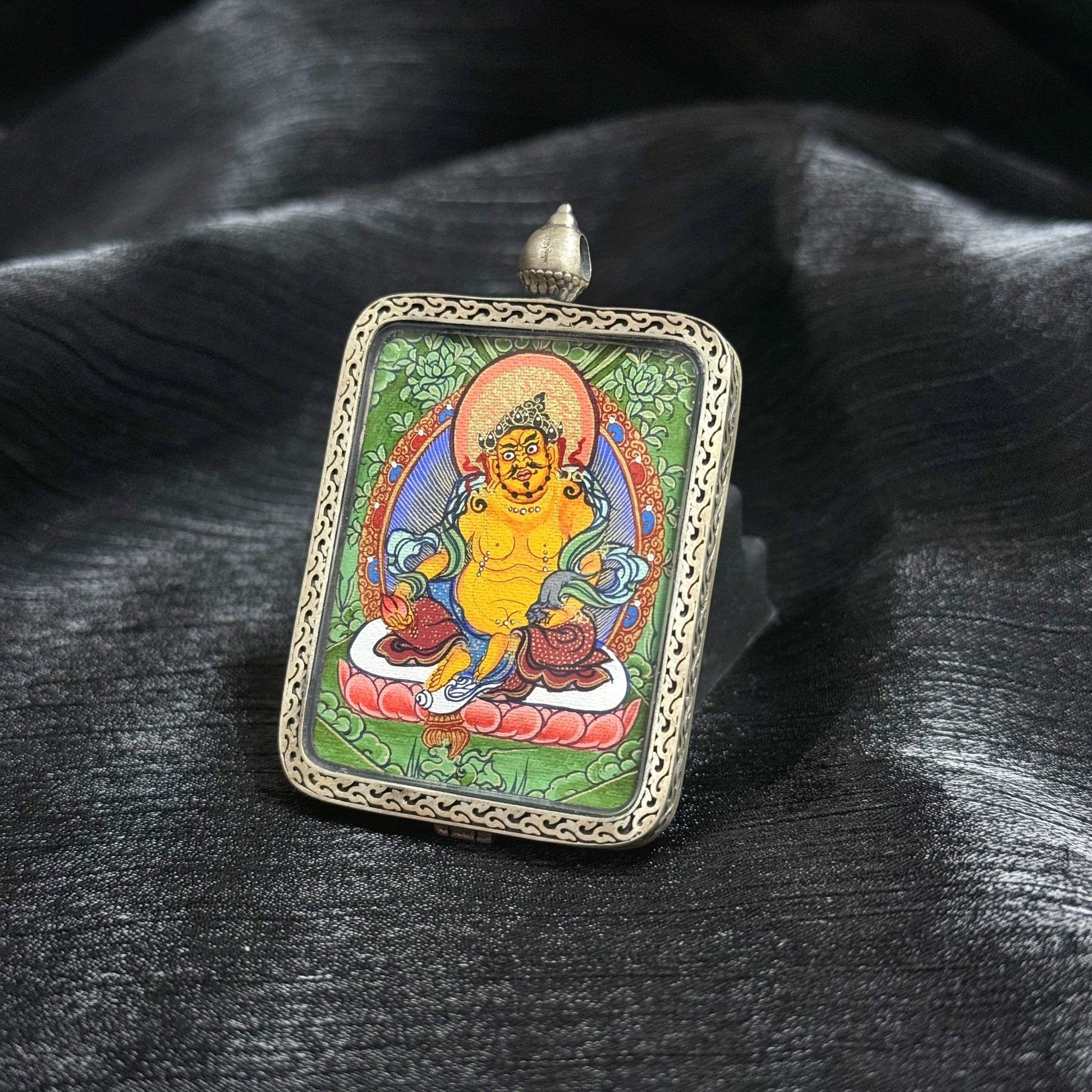 Yellow Jambhala Buddhist Mini Thangka Pendant Rebgong Mineral Pigment Art