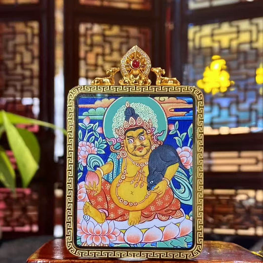 Front view of Yellow Jambhala Gau Thangka pendant in 18K gold, hand-painted in traditional Rebgong style, featuring the God of Wealth holding a wish-fulfilling jewel