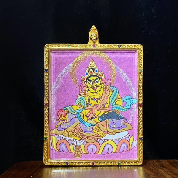 Yellow Jambhala Mini Thangka Pendant – Protector Deity of Right Wealth, Hand-Painted in Copper Gau Box (55 × 46 mm)