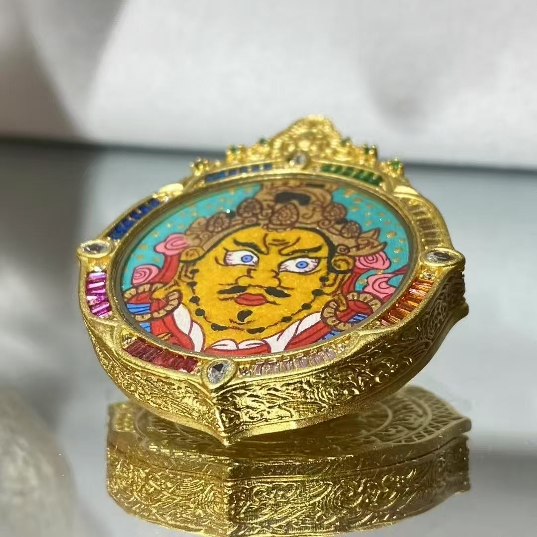 Side view of Tibetan Yellow Jambhala Gawu pendant showing full handcraft detailing and layered metalwork