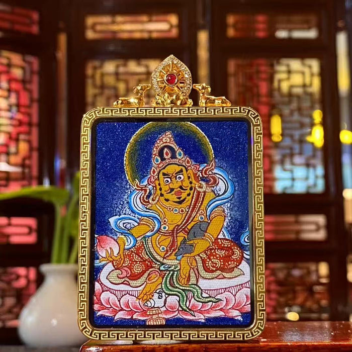 Yellow Jambhala & Green Tara Double-Sided Thangka Pendant  18K Gold Hand-Painted | Rebgong Art | 53 × 42 mm Gau Box