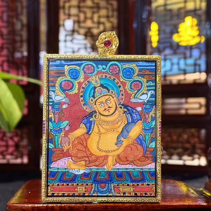 Yellow Jambhala & Yamantaka Double-Sided Thangka Pendant  18K Gold Hand-Painted | Rebgong Art | 53 × 43 mm Gau Box