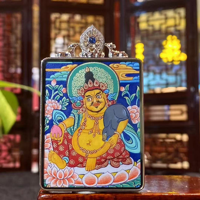 Yellow Jambhala & Green Tara Double-Sided Thangka Pendant  18K Gold Hand-Painted | Rebgong Art | 49 × 38 mm Gau Box