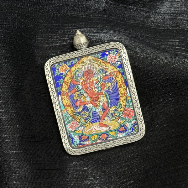 Yeshe Tsogyal Mini Thangka Pendant Hand-Painted • Mineral Pigments • Rebgong Tibetan Origin • 4 × 5 cm