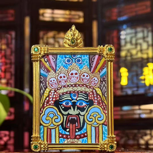 Front view of Zaki Lhamo Tibetan Thangka pendant, double-sided and fully hand-painted in 18K gold, Rebgong style, set in a traditional Gawu box
