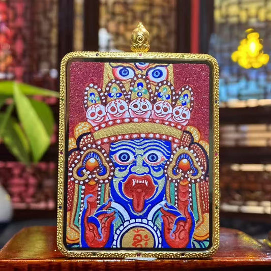 Front view of Zaki Lhamo Tibetan Thangka pendant, double-sided and fully hand-painted in 18K gold, Rebgong style, set in a large traditional Gawu box