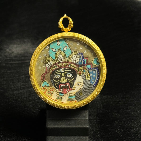 Hand painted Zaki Lhamo Past and Present form mini thangka pendant with gold frame Rebgong Tibetan thangka art