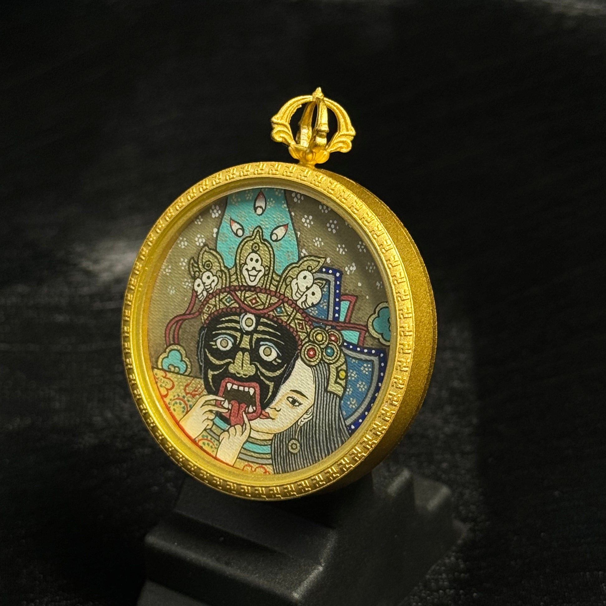 Zaki Lhamo protector goddess mini thangka pendant Tibetan Rebgong style hand painted artwork