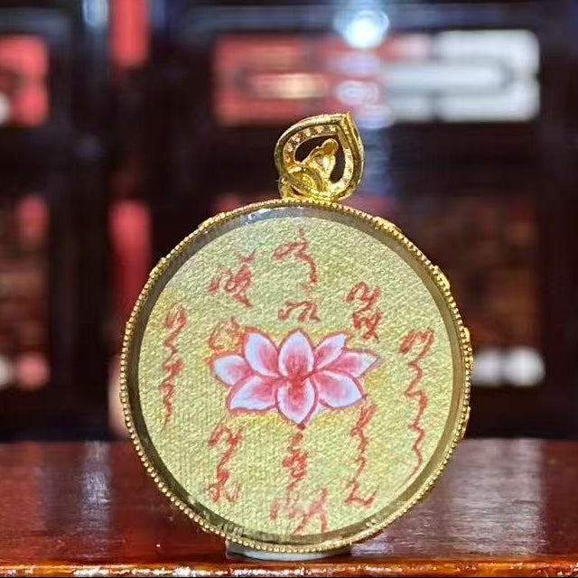 Back view of double-sided Zhao Gongming and lotus Taoist Thangka pendant, fully hand-painted in 18K gold using Rebgong tradition