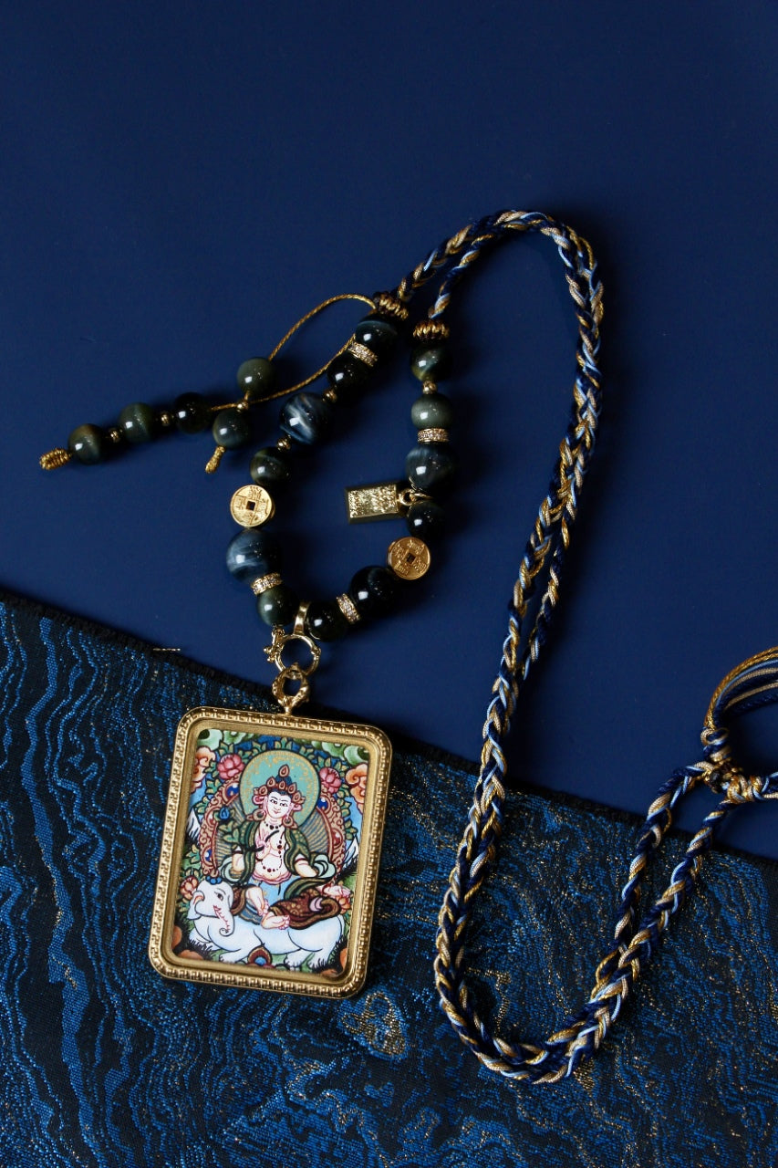 Full view of Samantabhadra mini thangka pendant necklace with braided cord and bead details